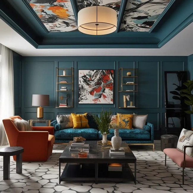 Colored Ceiling With Statement Lighting