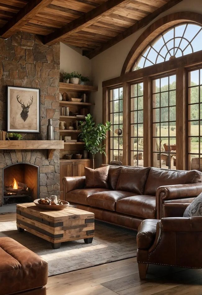 Brown Leather Couch Fireplace Gathering