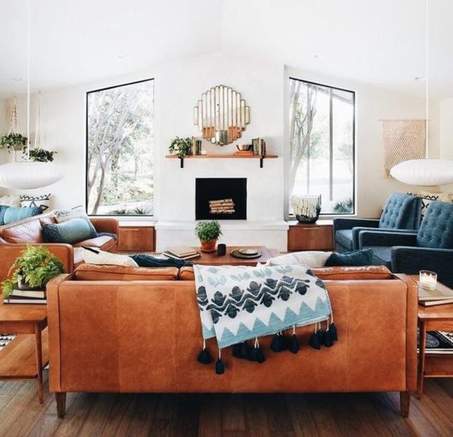 Sunlit Brown Leather Living Room