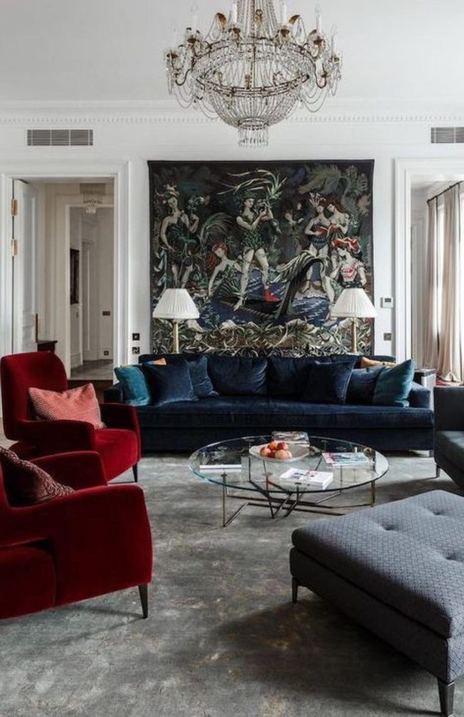 Deep Blue And Red Statement Living Room