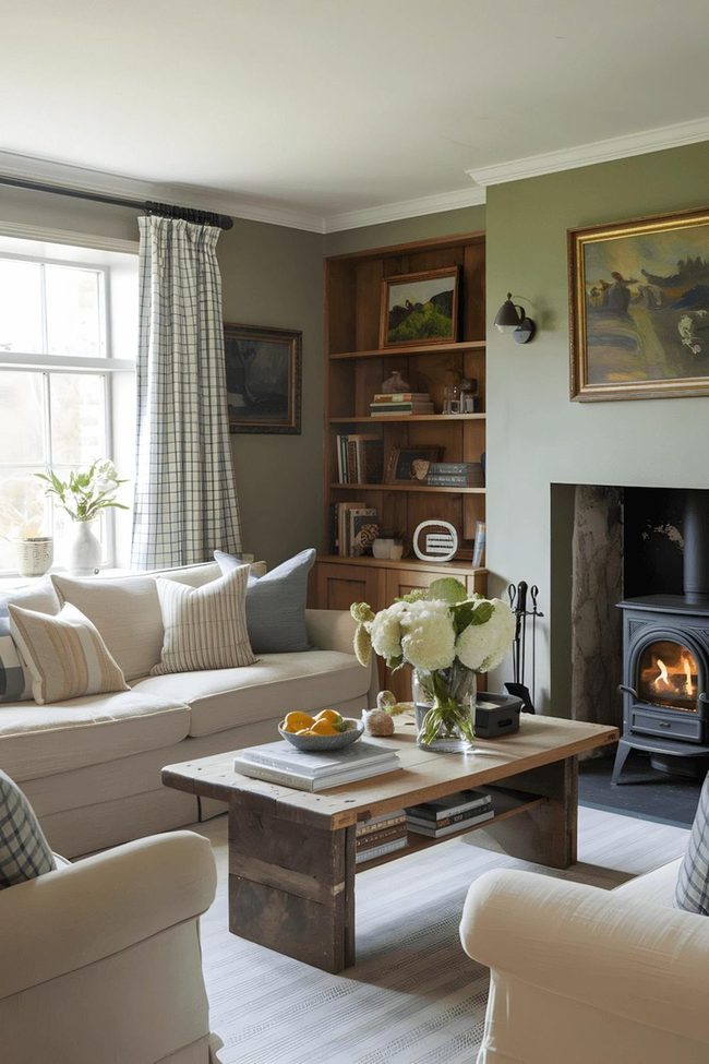 Sage Green Walls With Glowing Fireplace