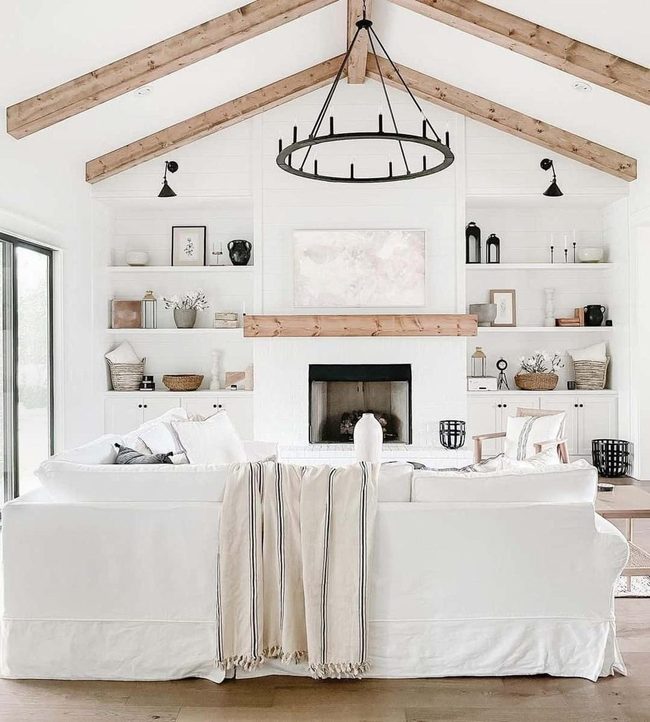 Wooden Beams White Walls Fireplace
