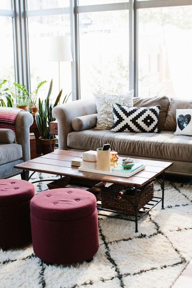 Beige Sofa, Patterned Pillows, Living Green