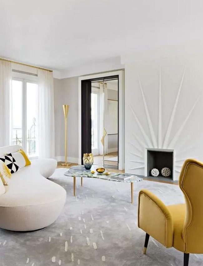 Yellow Armchair Meets Curved White Sofa