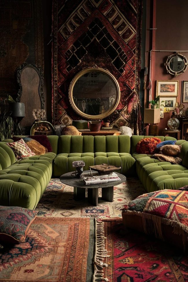 Green Sofa With Patterned Rugs