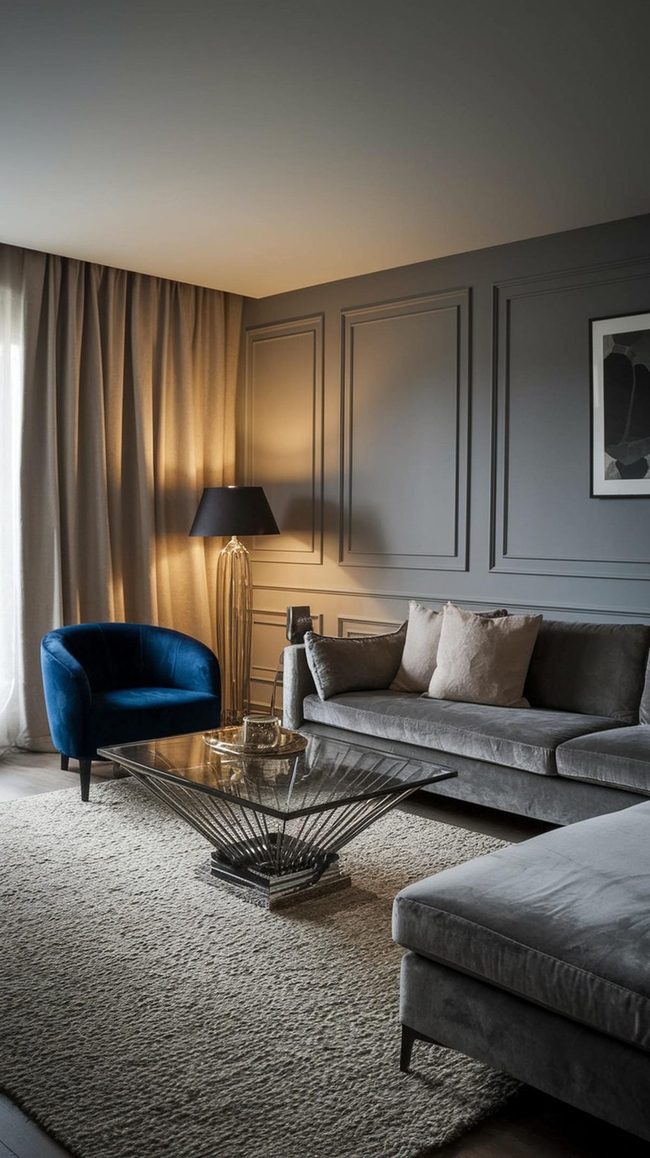 Gray Velvet Sofa With Jewel-Tone Accents