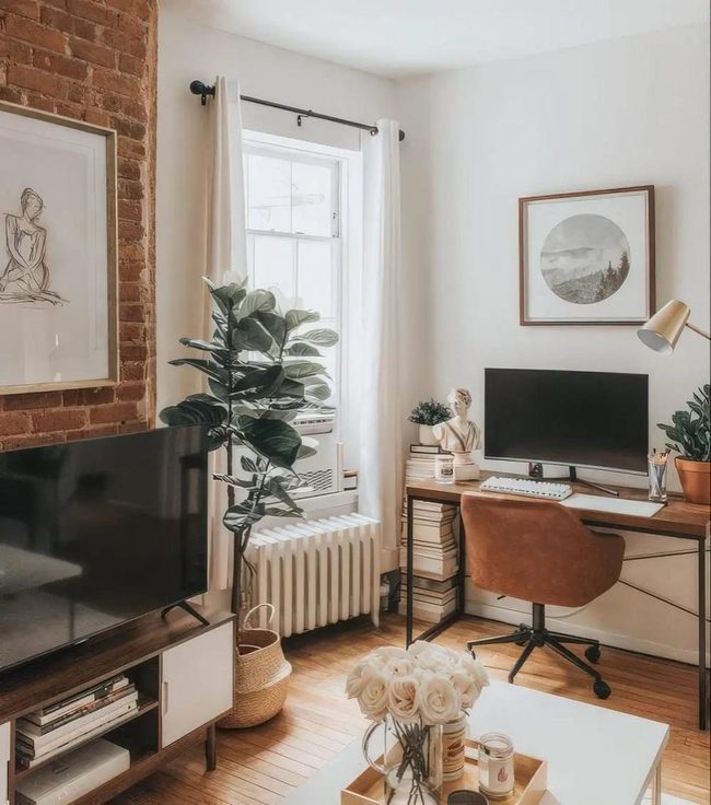 Exposed Brick Workspace With Green Plants