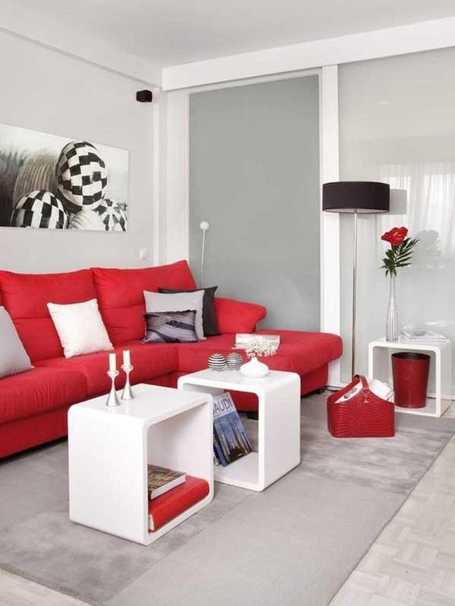 Red Sofa Gray Walls Modern