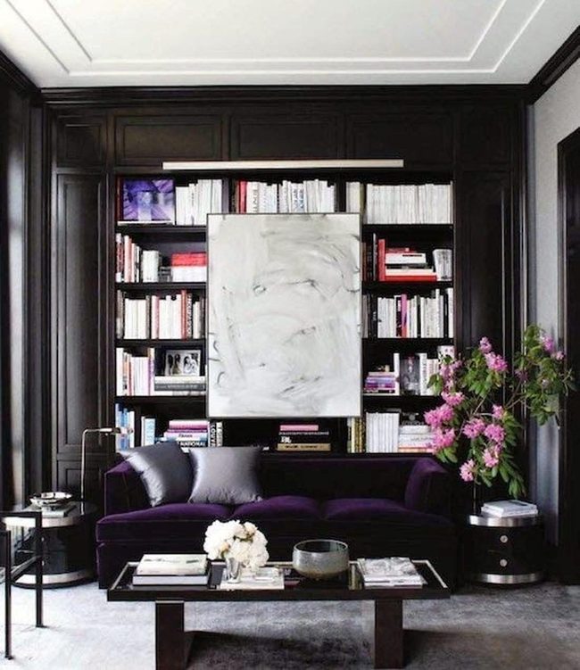 Purple Sofa Meets Dark Wood