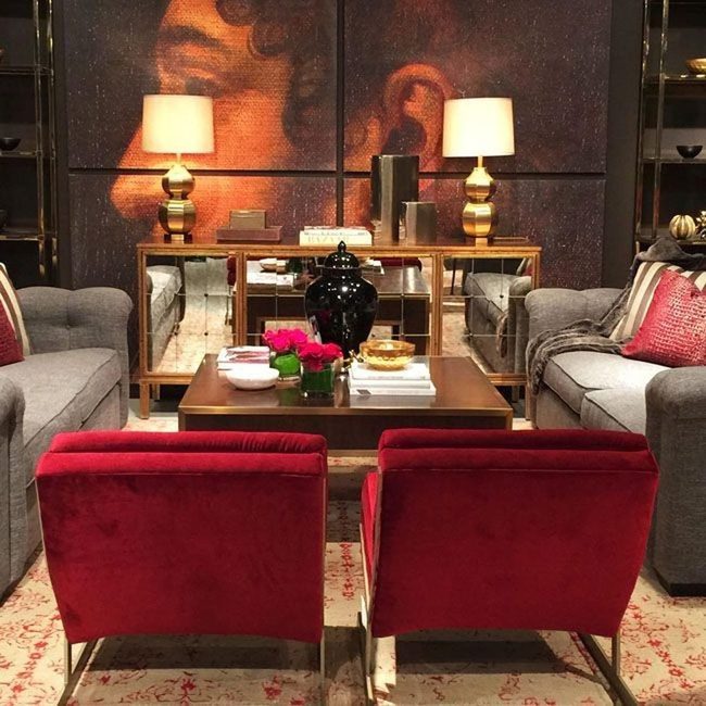 Red Chairs, Gray Sofas, Gold Warmth