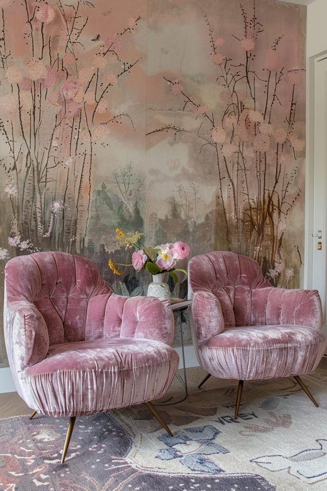 Pink Velvet Armchairs With Gold Accents