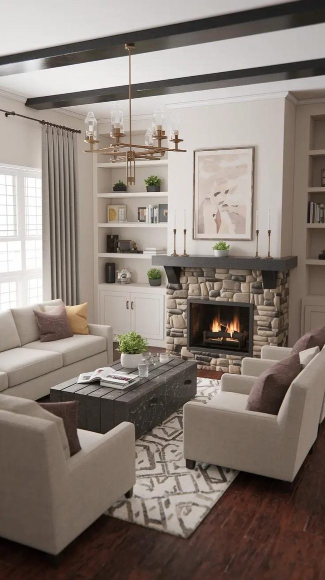 Stone Fireplace With Dual Shelving