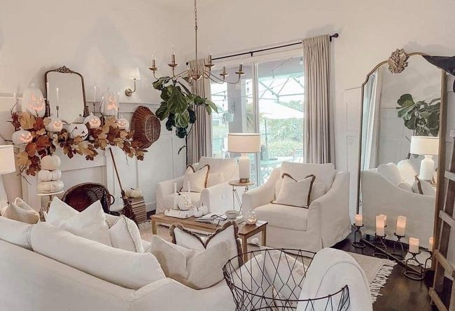 Beige Slip Covers Gold Filigree Mirrors