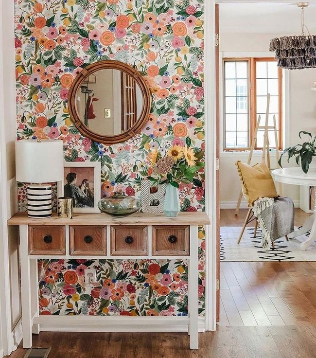 Bright Floral Wallpaper Meets Wood