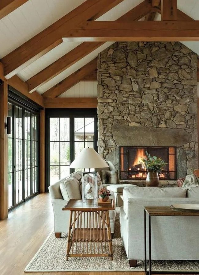 Stone Fireplace Light Wood Beams