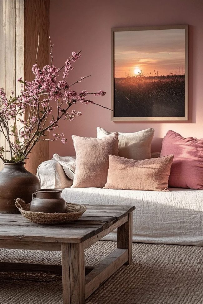 Soft Pink Walls With Earth Tones