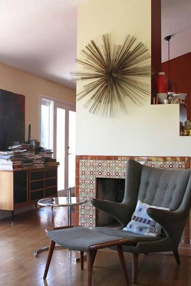 Gray Chairs, Colorful Tile Fireplace