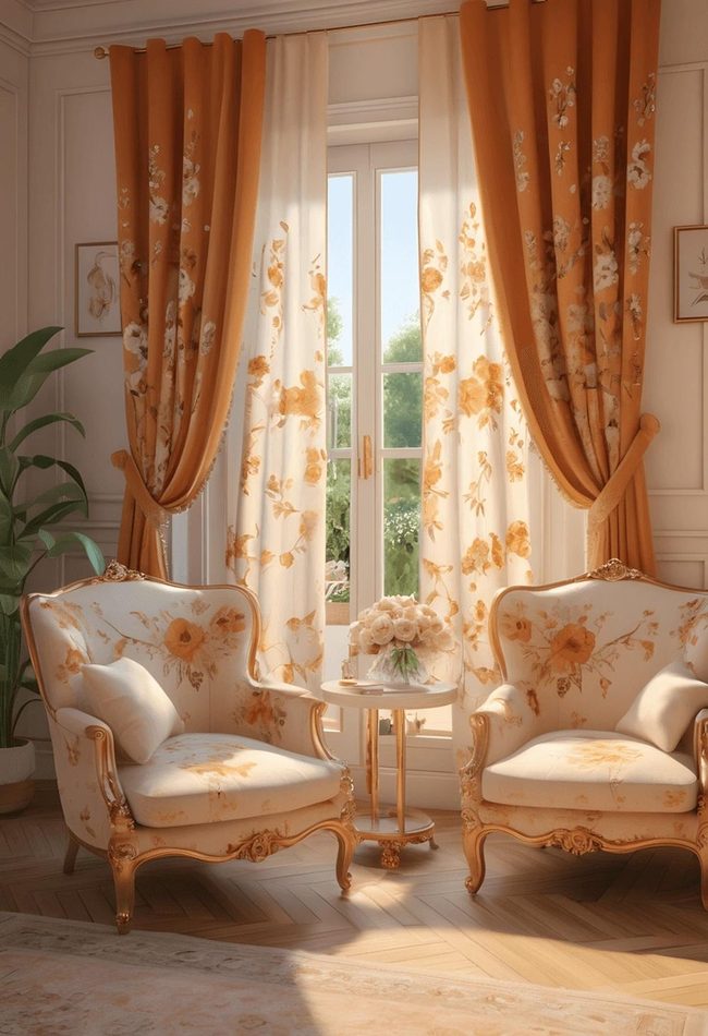 Burnt Orange Floral Living Room Curtains