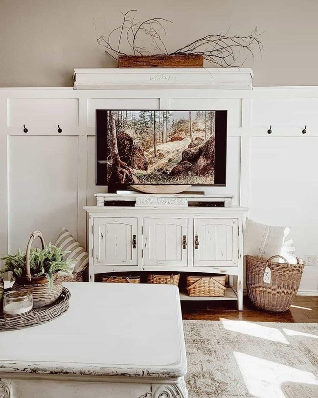 White Cabinets, Rattan Baskets, Wood Floors
