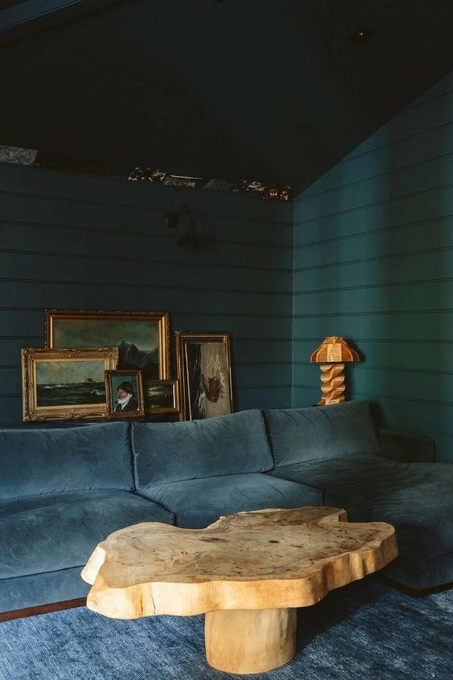 Natural Wood Table Against Deep Blue