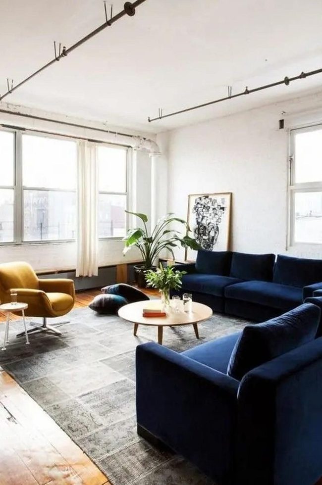 Dark Blue Sofa, Mustard Pop