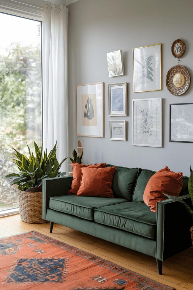 Green Velvet Sofa With Rust Accent Pillows