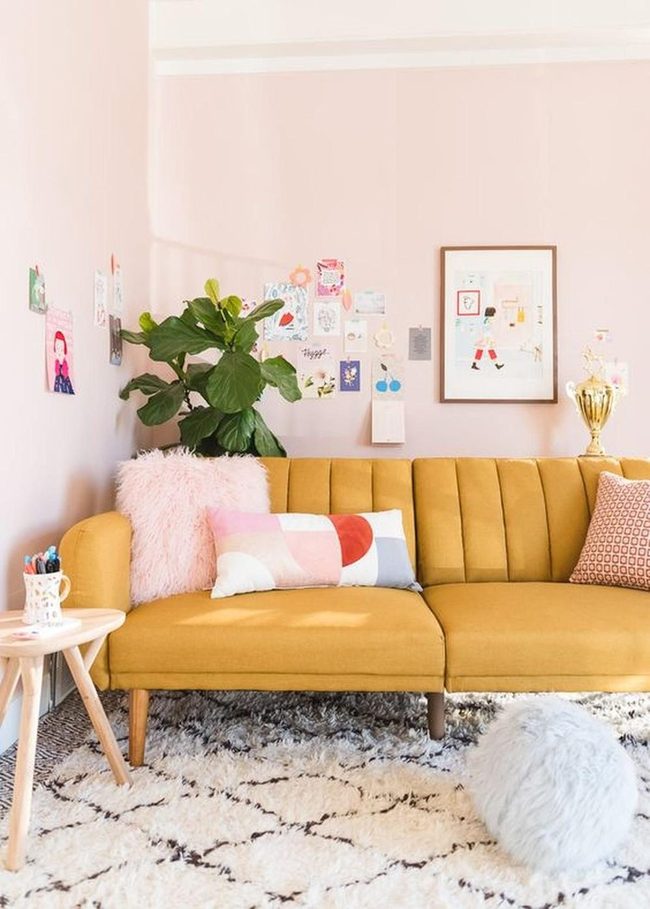 Mustard Couch Pink Walls Living