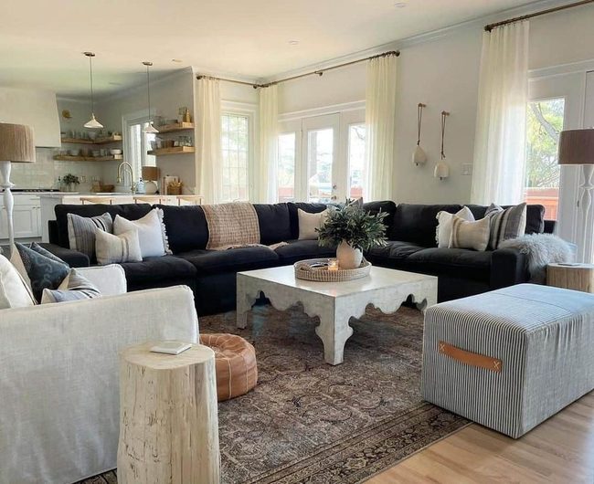 Navy Sectional Meets Natural Wood