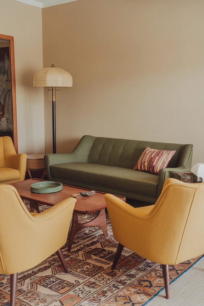 Green Sofa Meets Mustard Yellow Retro