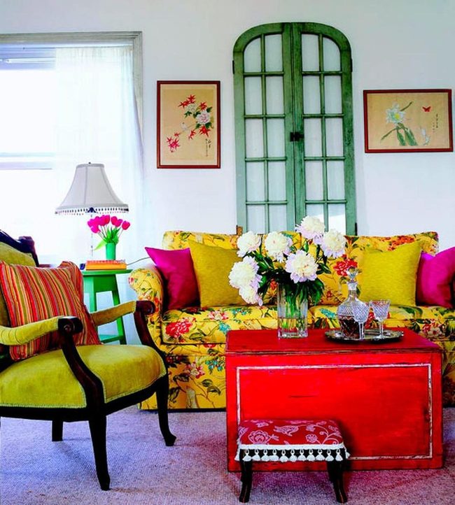 Yellow Floral Sofa With Pink Green Accents