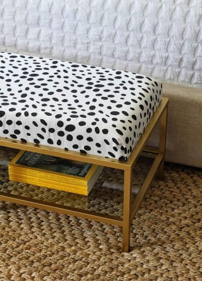 Gold Frames, Polka Dot Cushions, Yellow Storage