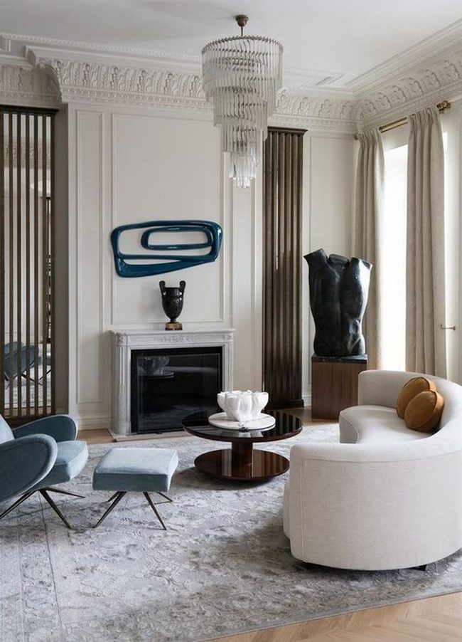Dark Wood Fireplace With Blue Art