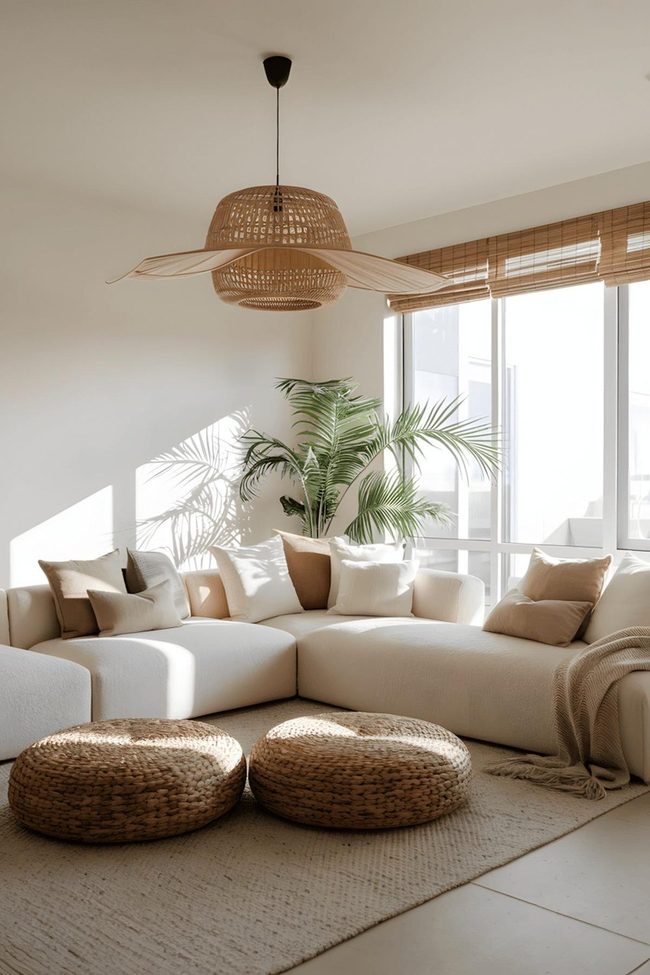 Beige Sectional With Woven Ottoman Accents