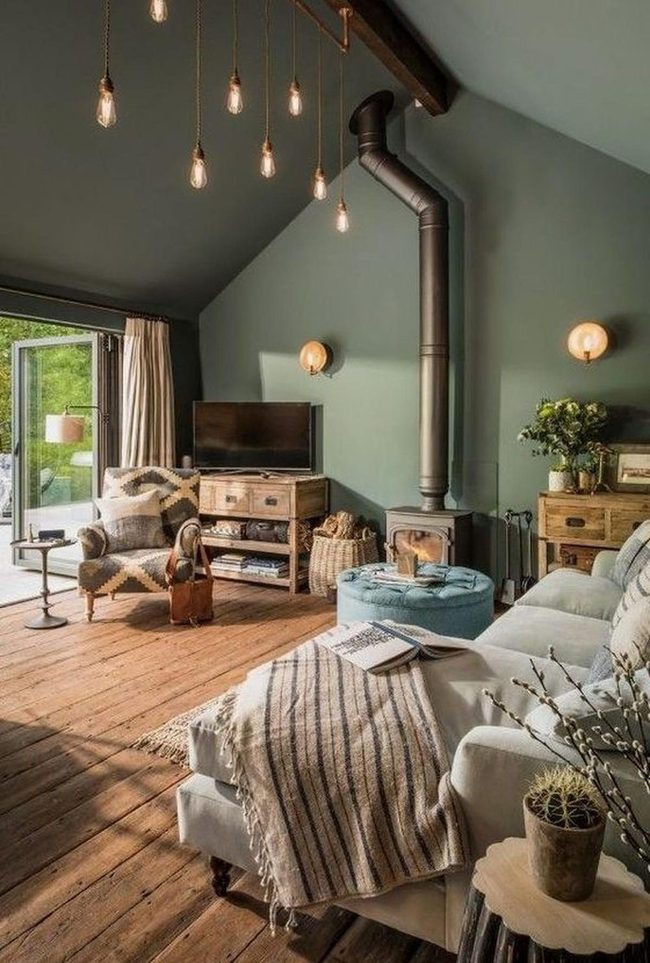 Forest Green Living Room With Warm Wood
