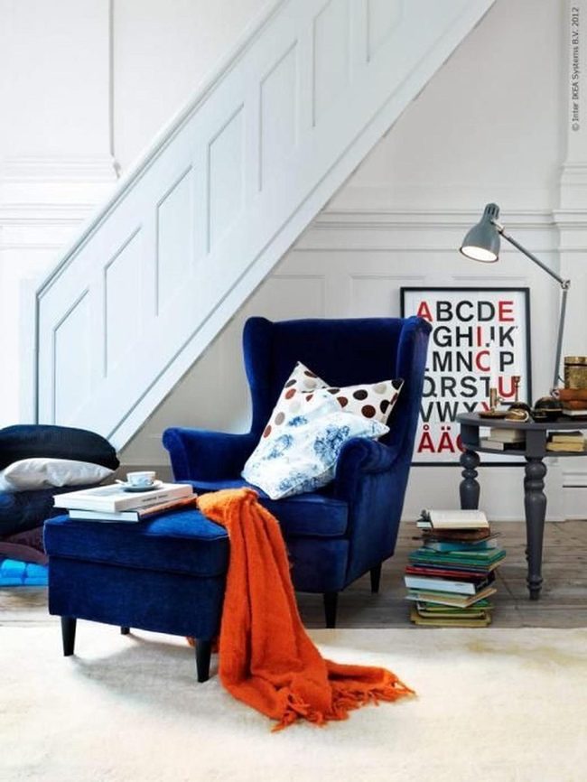 Dark Blue Reading Nook Orange Accents