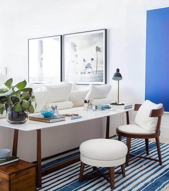 Blue Panel Meets Crisp White Walls