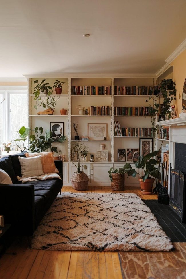 Black Couch Surrounded By Books and Plants