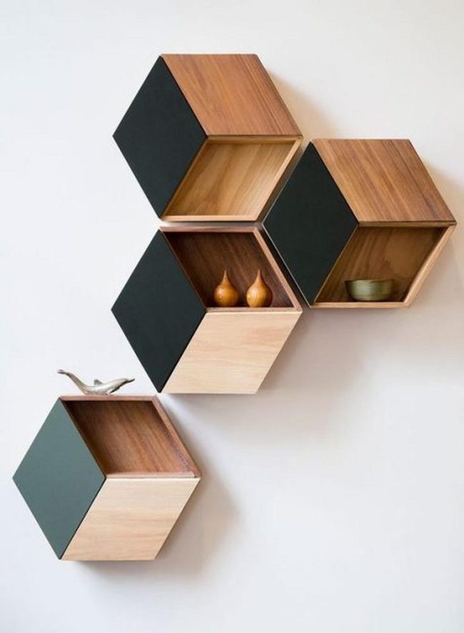 Black Accented Wooden Hexagon Shelves