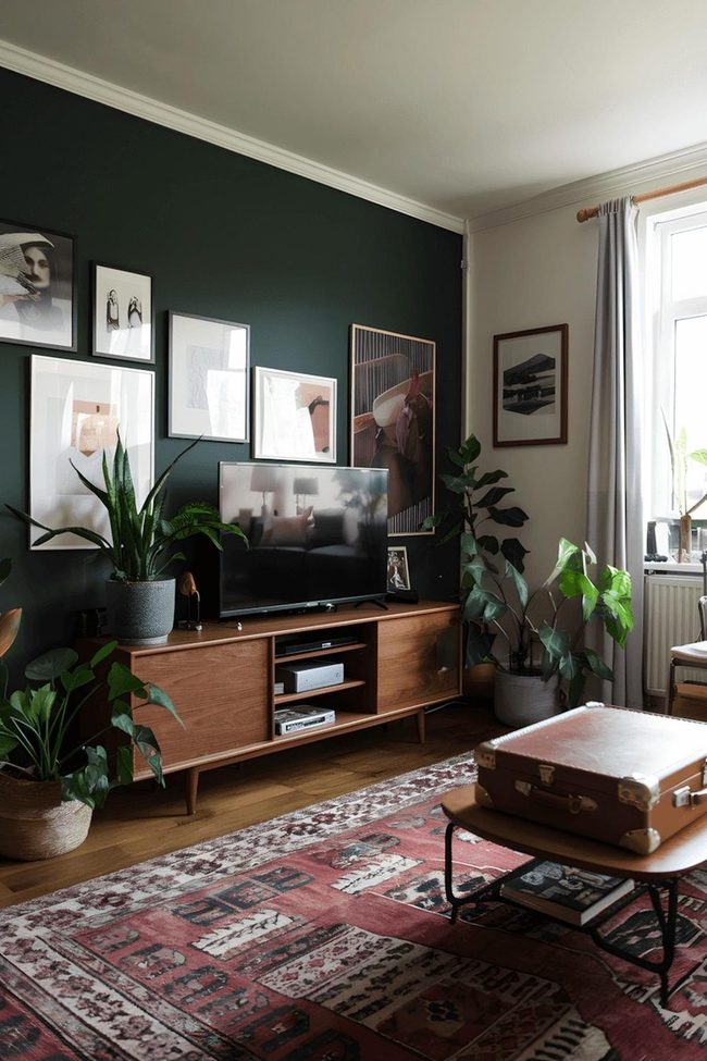 Dark Green Walls With Vintage Wooden Accents