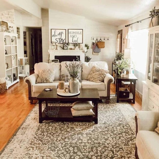 Floral Rug Anchors Neutral Living Space