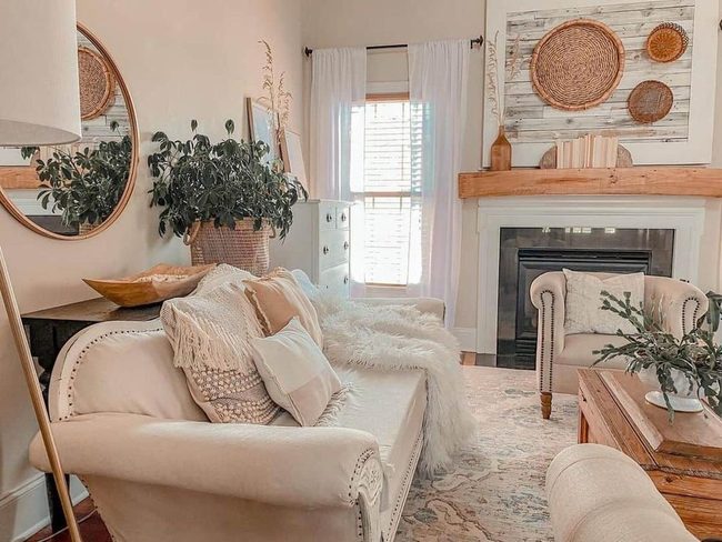 Soft Pink Walls, Gold Accents, Wood