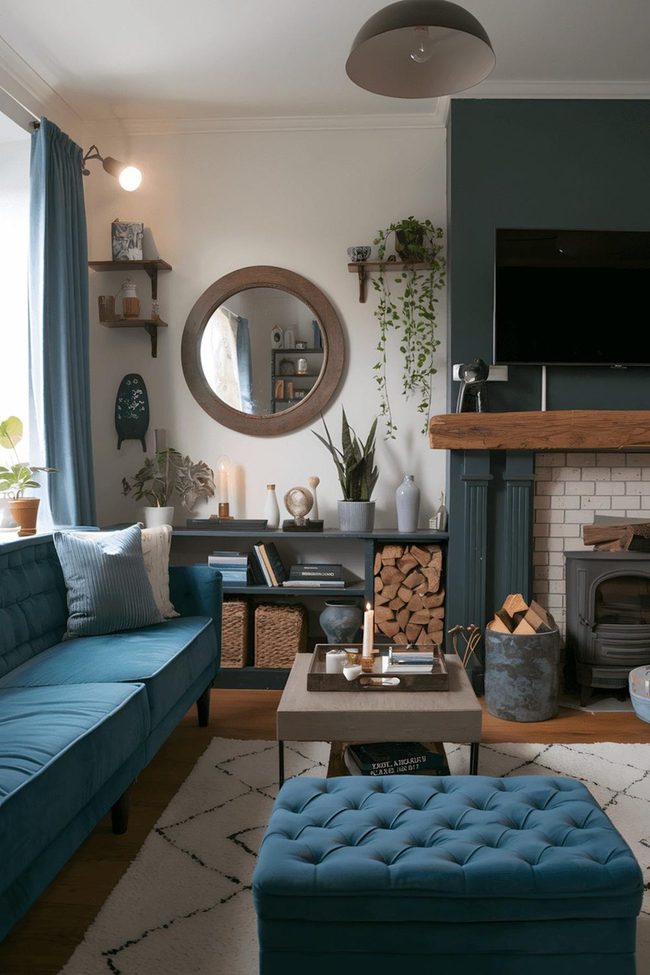 Teal Sofa With Wooden Fireplace Warmth