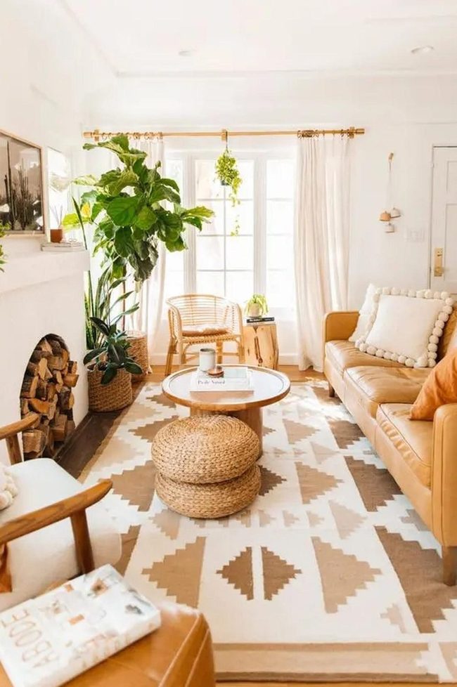 Golden Sunlit Living Room With Leather