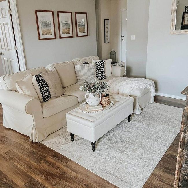 White Wood Ottoman With Cream Sofa