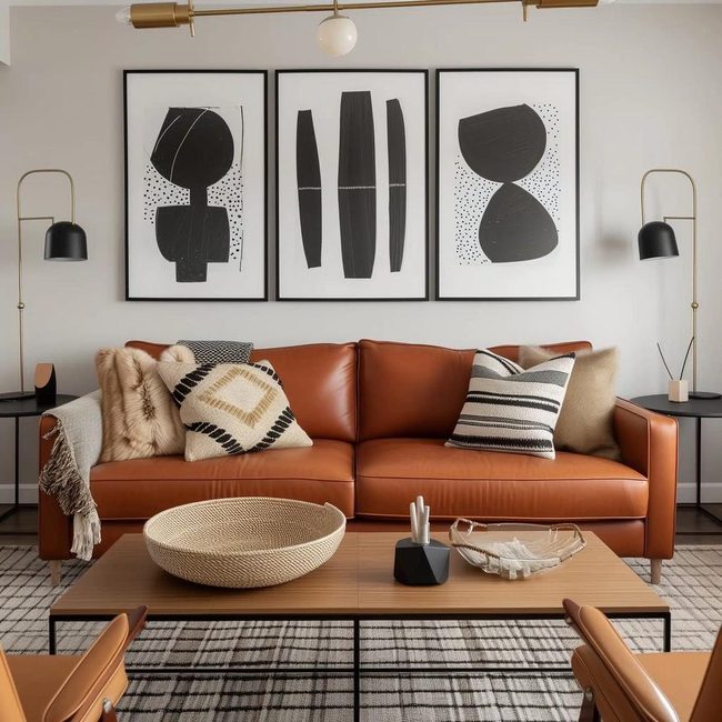 Cognac Sofa With Golden Lighting