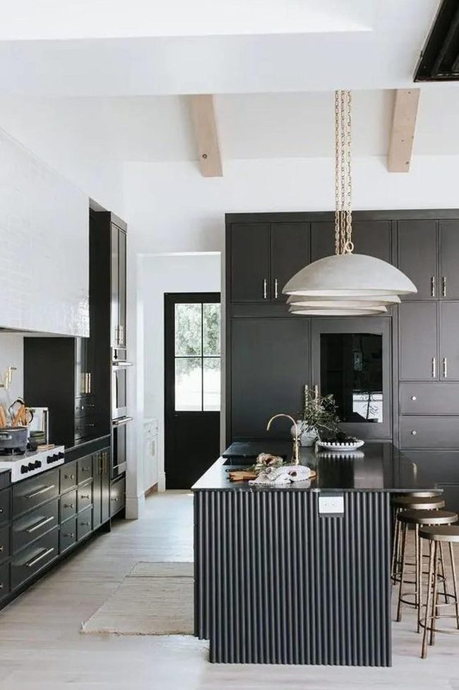 Dark Cabinets Meet Light Wood Beams