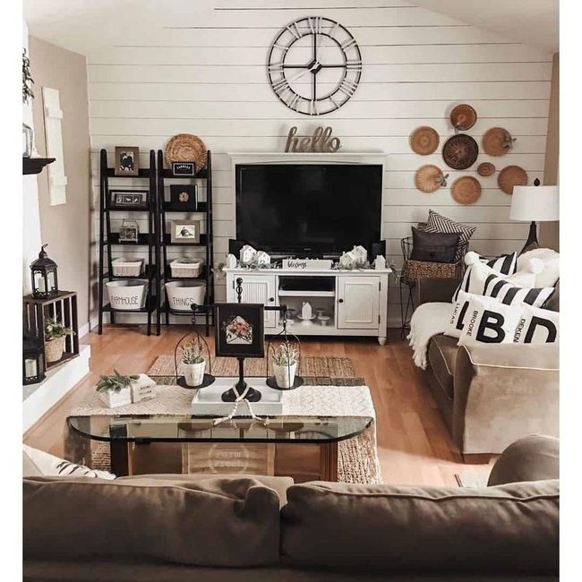 Brown Suede, White Shiplap Walls