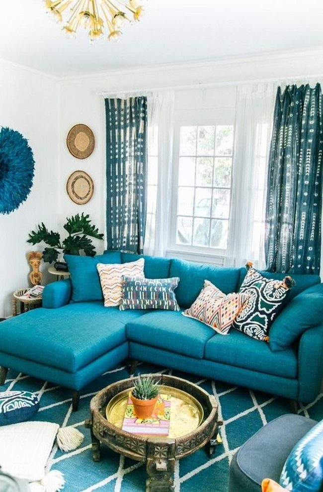 Bright Blue Sectional With Geometric Accents
