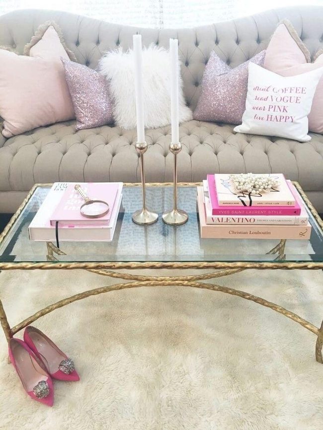 Gold Glass Table With Pearl Pink Details