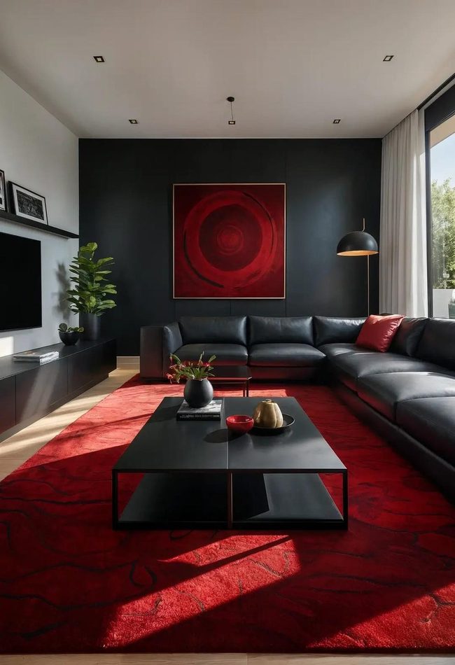 Red Rug Anchors Neutral Living Space